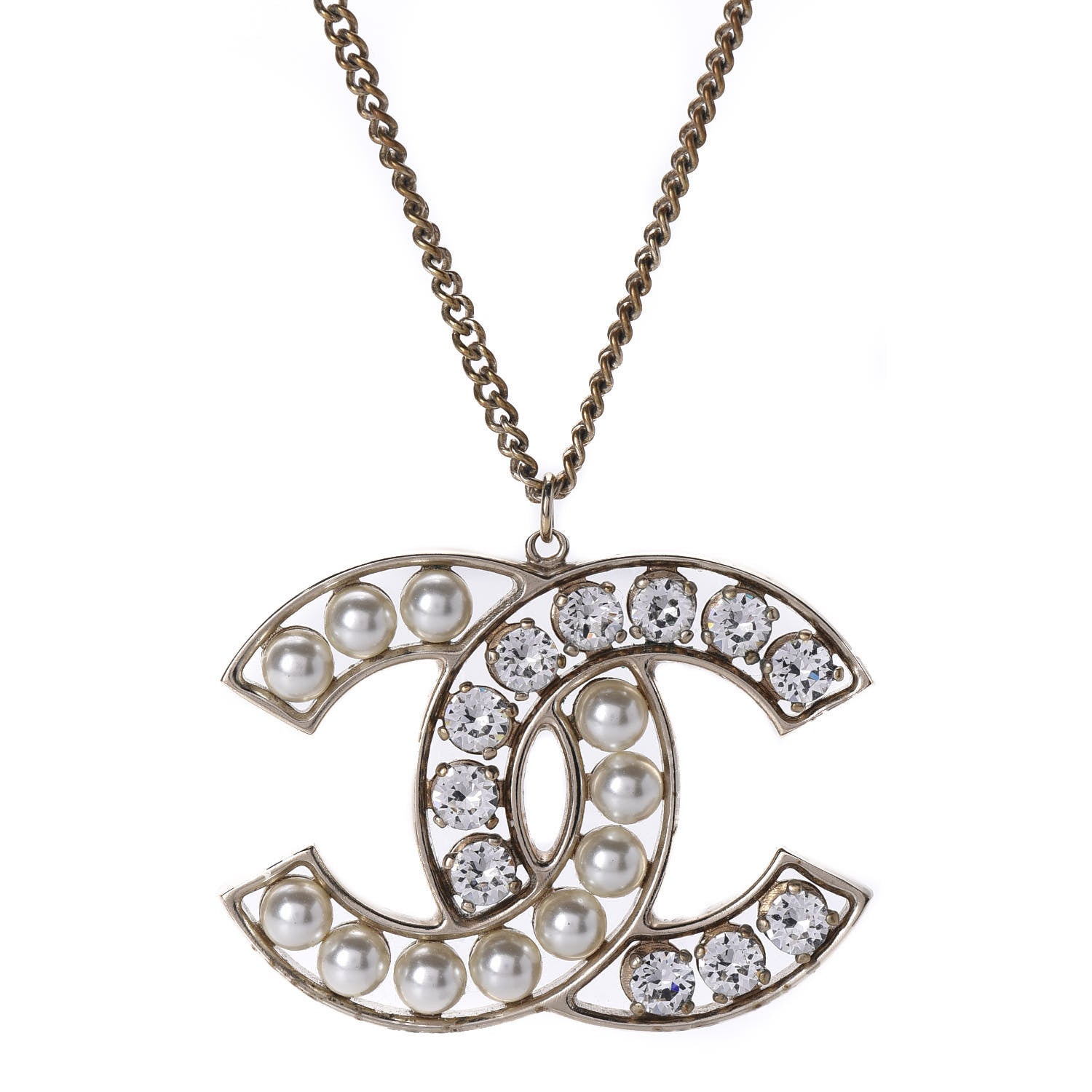 Chanel Pearl Crystal CC Pendant Necklace Gold 3 of 5