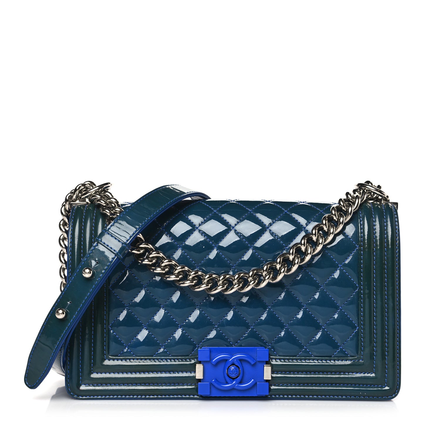 Patent Calfskin Quilted Medium Plexiglass Boy Flap Blue