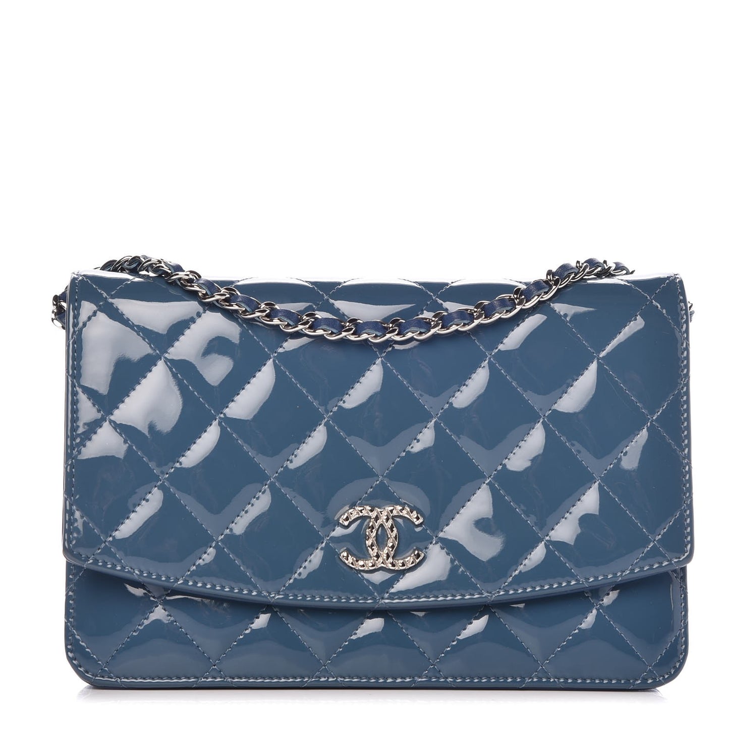Patent Quilted Brilliant Wallet On Chain WOC Blue