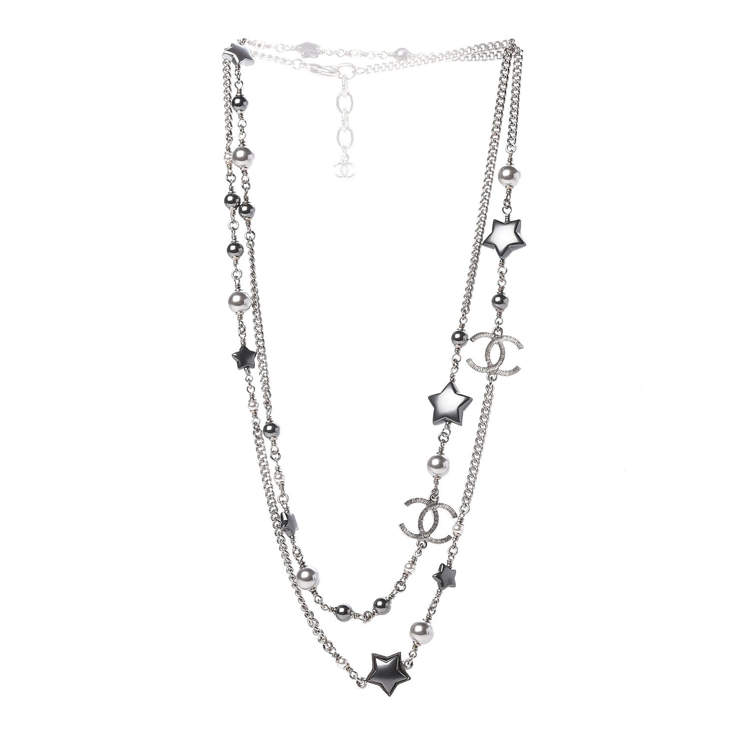 Resin Pearl Star CC Necklace Grey Silver