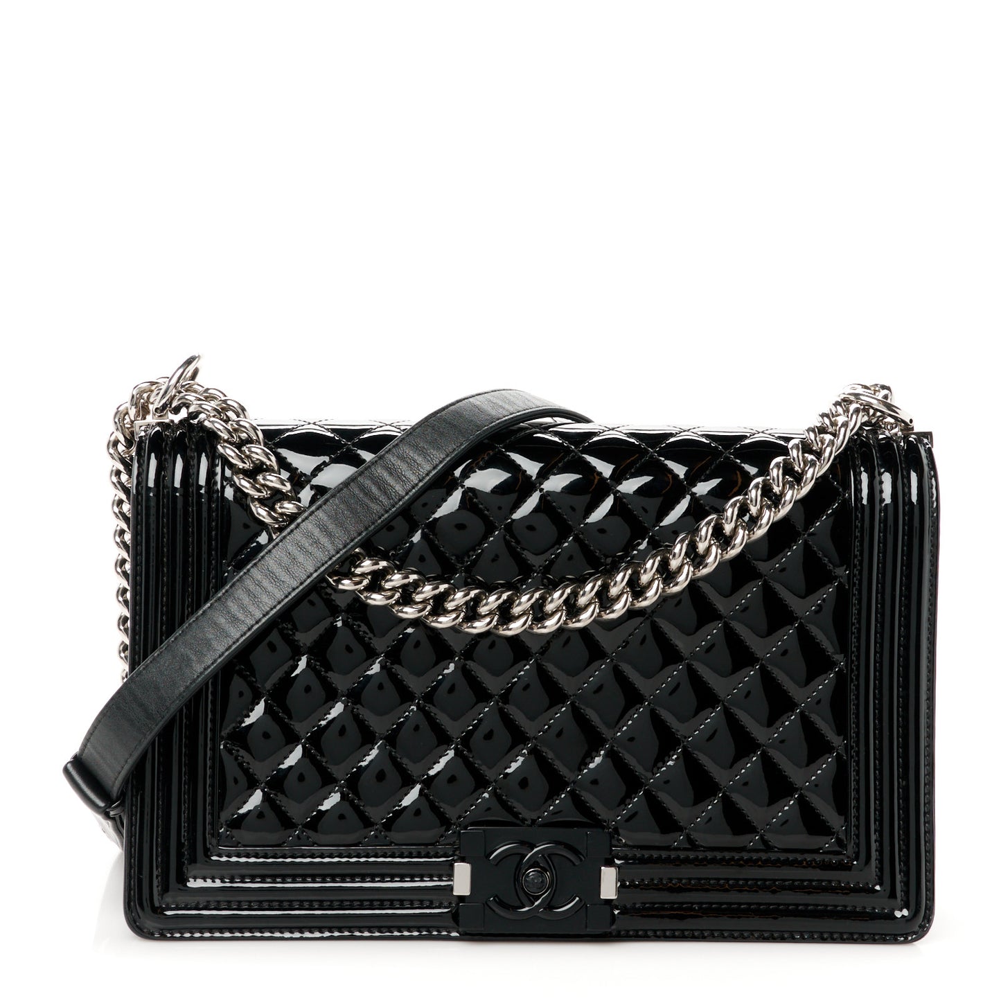 Patent Calfskin Quilted New Medium Plexiglass Boy Flap Black