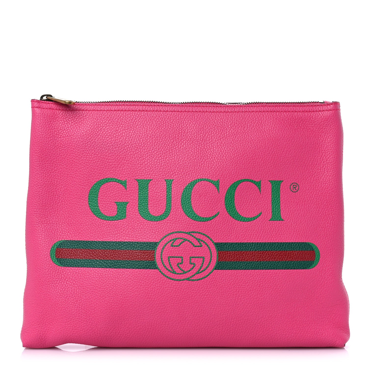 Gucci Pebbled Calfskin Medium Logo Portfolio Clutch Box Pink Green 1 of 9