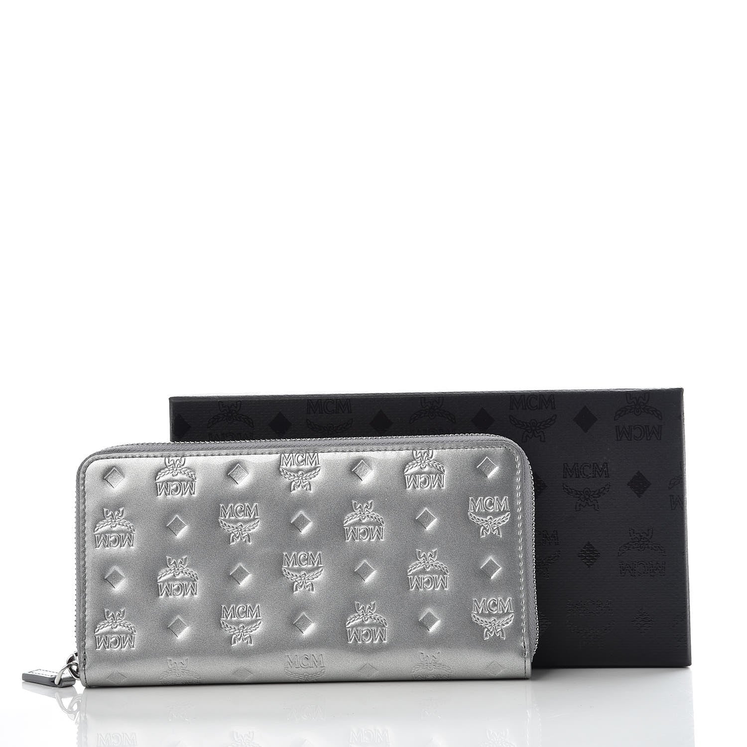 MCM Metallic Monogram Patent Large Zip Around Wallet Silver 10 of 10