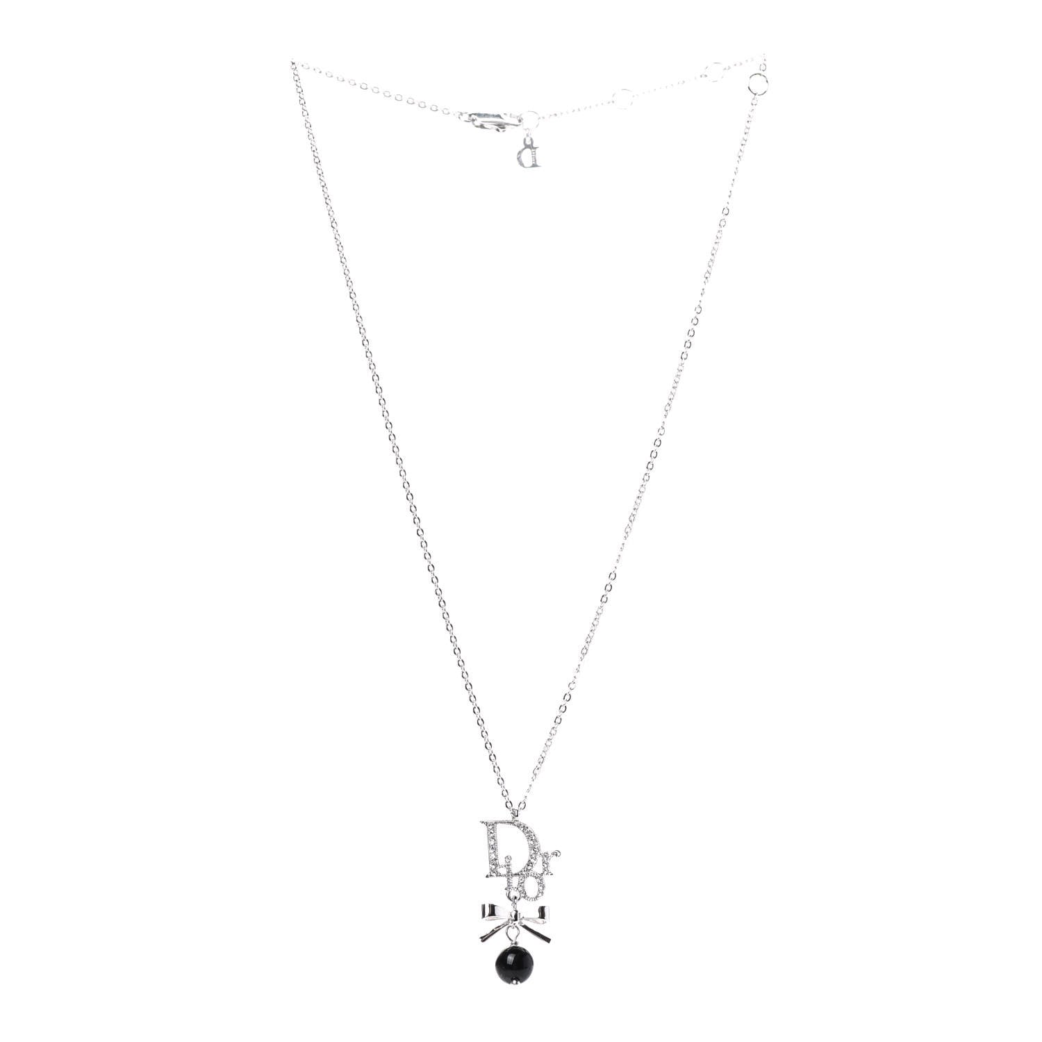 Christian Dior Enamel Bead Logo Bow Necklace Silver Black 3 of 6