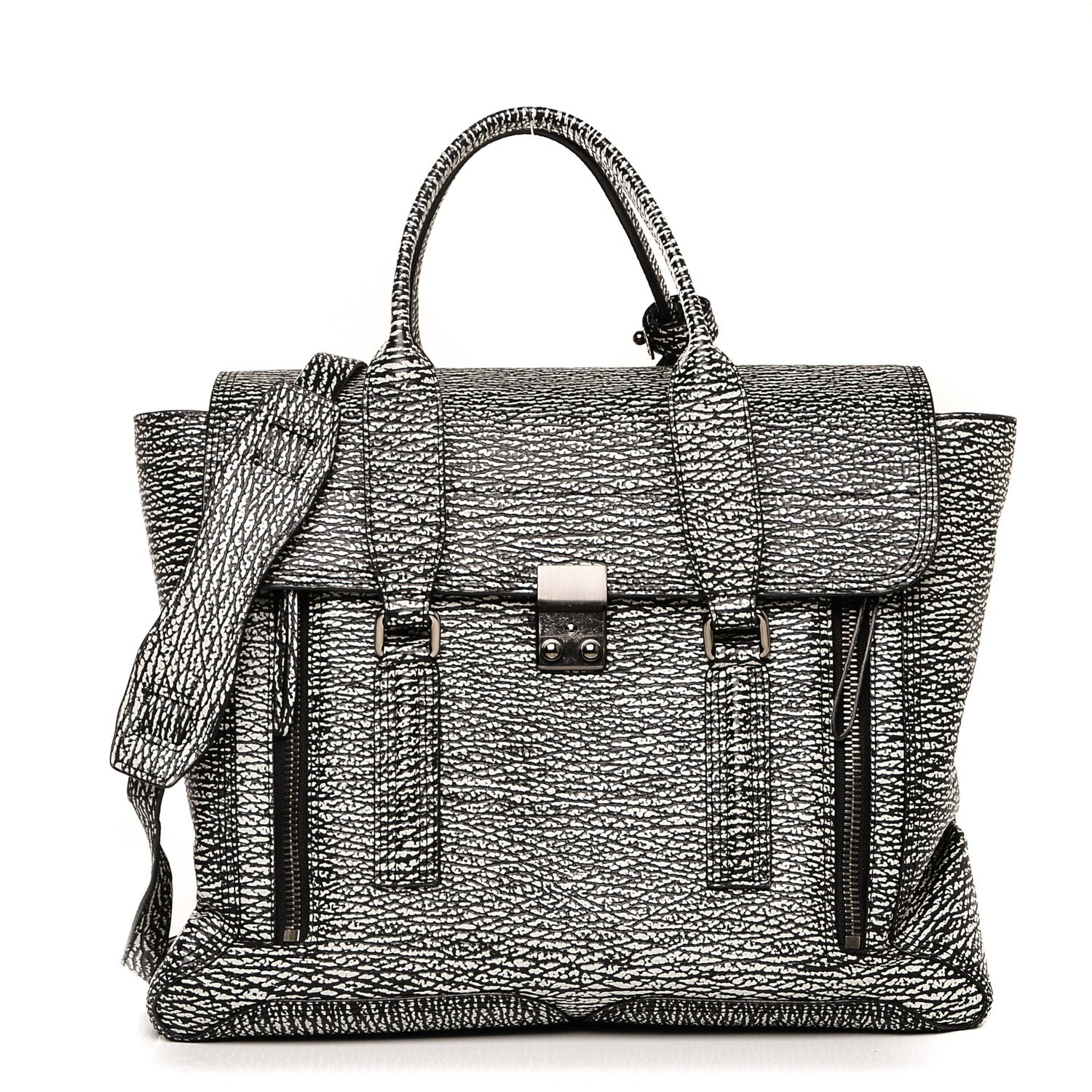 3.1 Phillip Lim 3.1 Textured Calfskin Large Pashli Satchel Black Cream 1 of 8