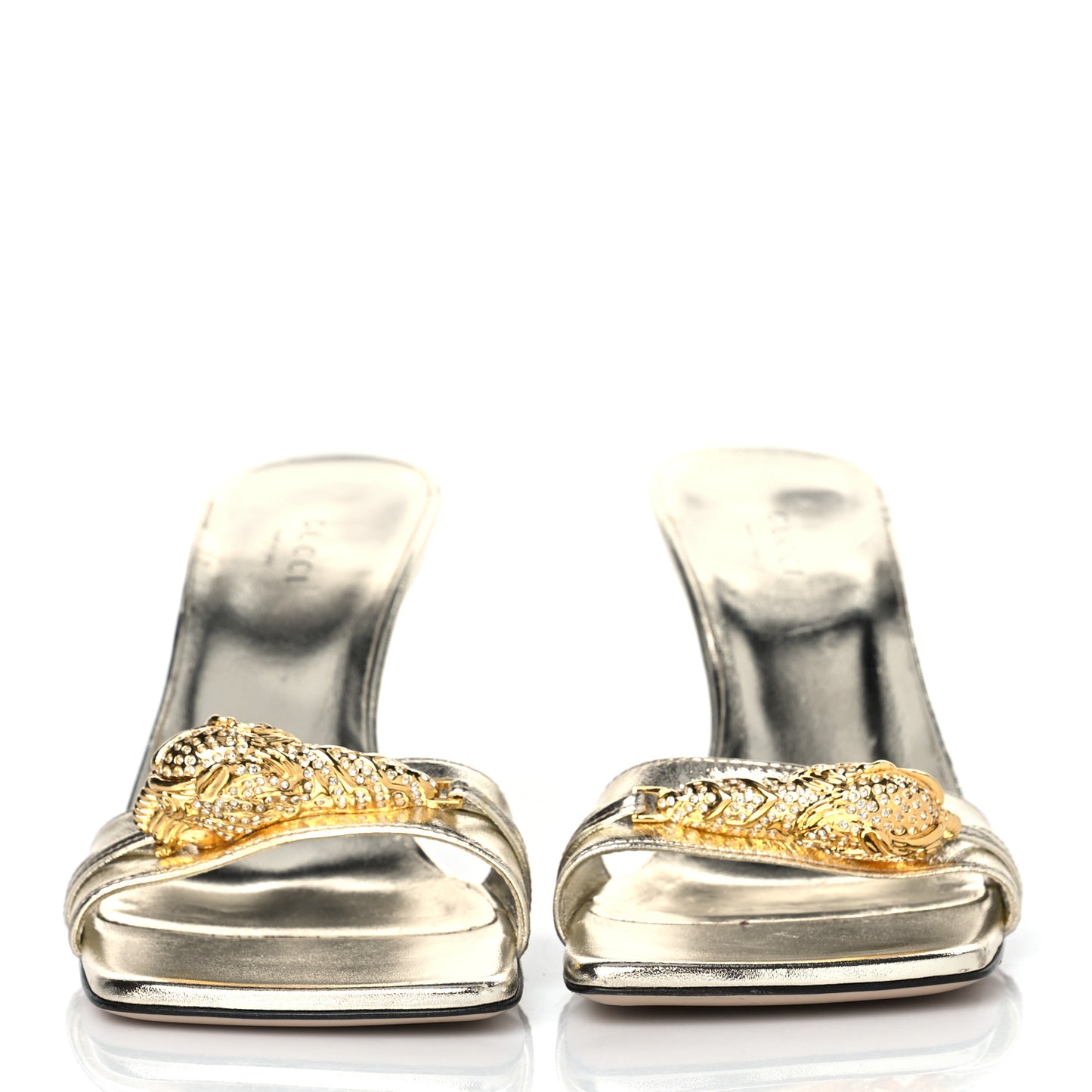 Metallic Nappa Dora Tiger Head Mid Heel Slide Sandals 38 Gold