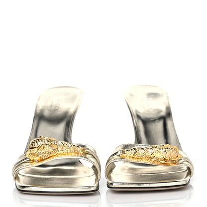 Gucci Metallic Nappa Dora Tiger Head Mid Heel Slide Sandals 38 Gold 2 of 8