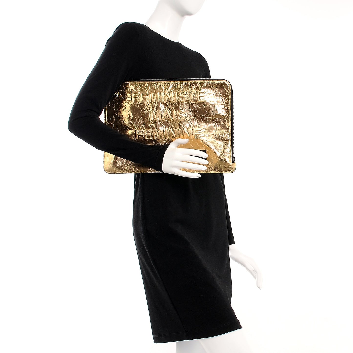 Metallic Lambskin Large Feministe Maize Feminine Pouch Clutch Gold