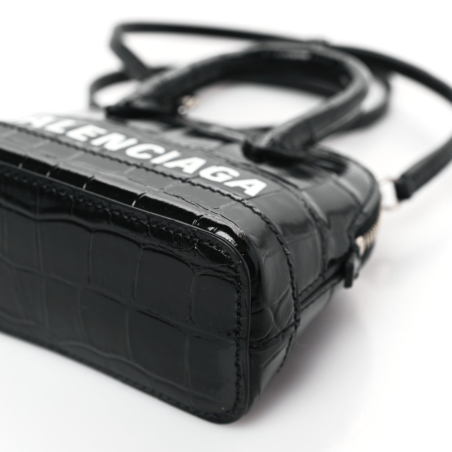 Shiny Calfskin Logo Crocodile Embossed XXS Ville Top Handle Bag Black White