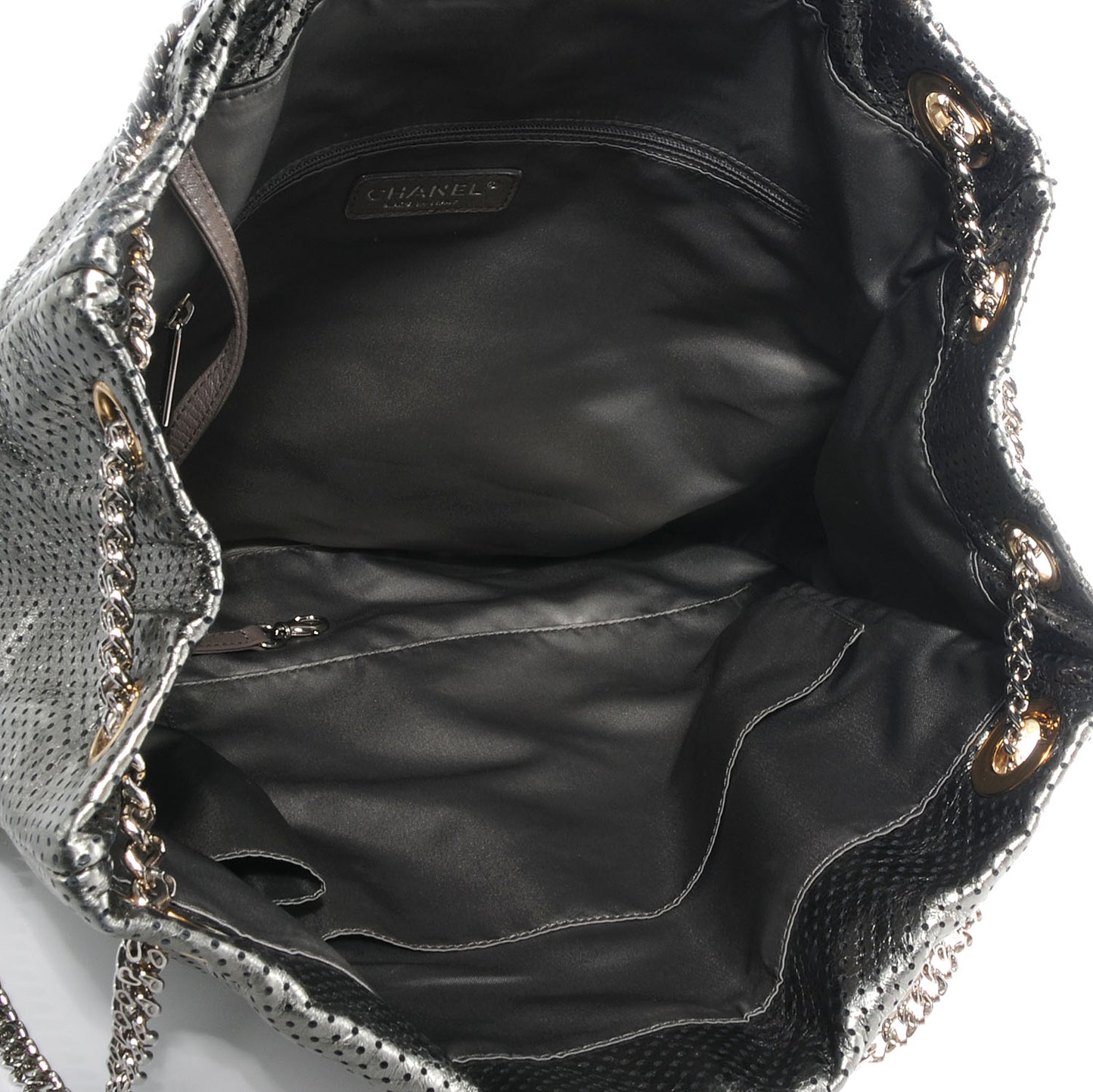 Metallic Crackled Calfskin Perforated Drill Shoulder Bag Silver
