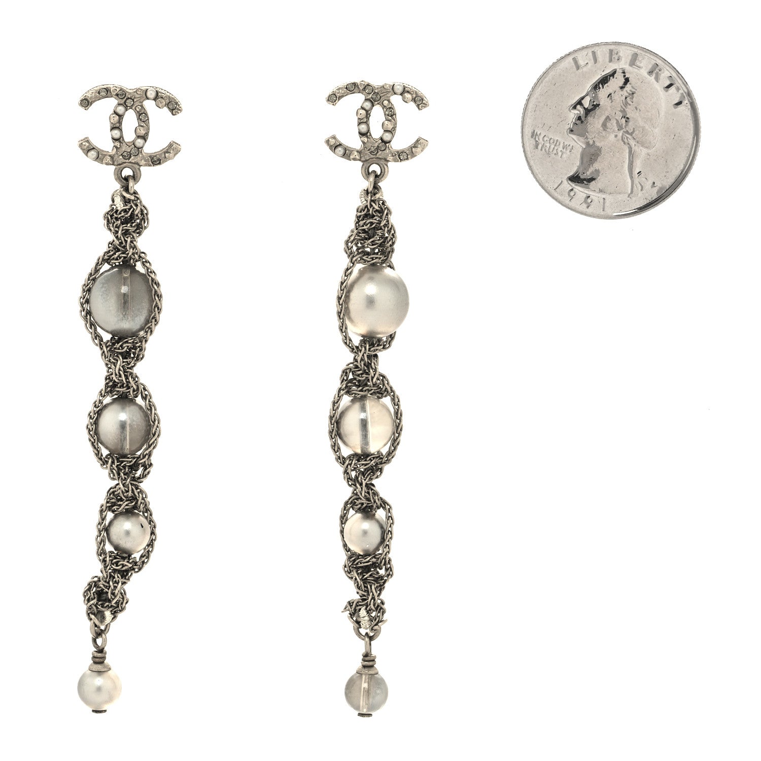 Chanel Pearl Crystal CC Chain Drop Earrings Silver 2 of 4