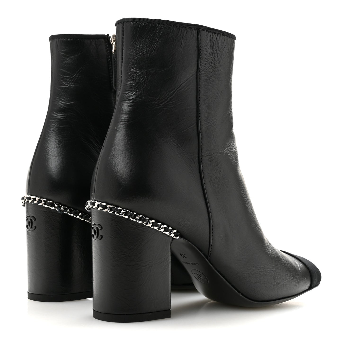 Crumpled Calfskin Cap Toe Chain Short Boots 35 Black