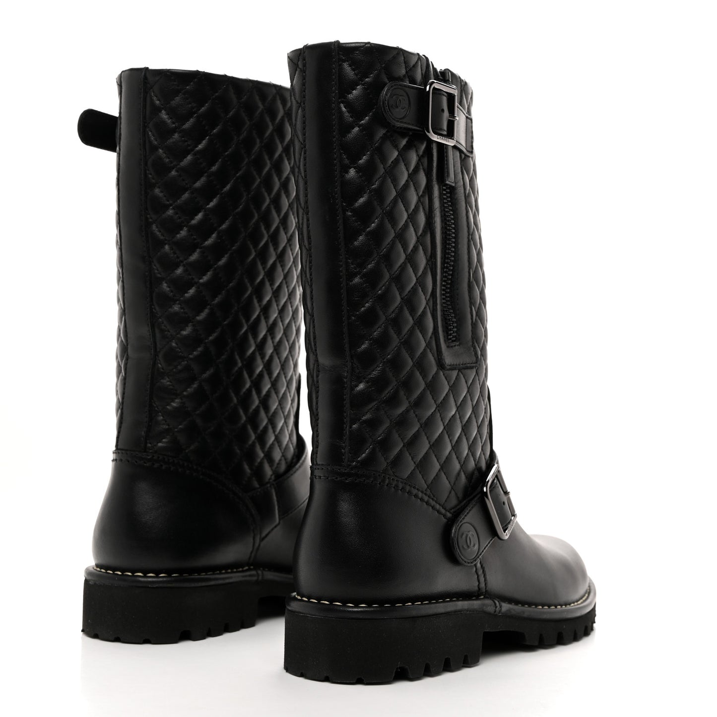 Calfskin Quilted Biker Boots 38 Black