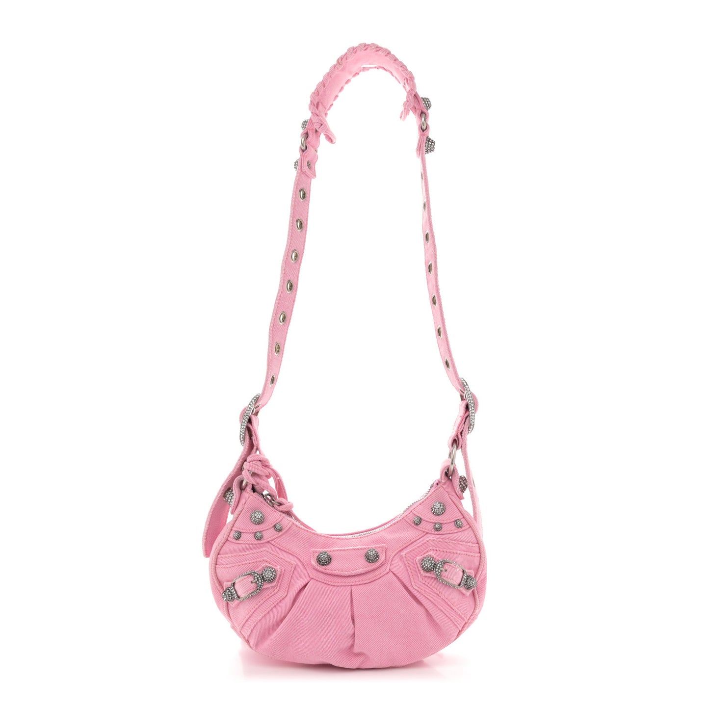 Washed Frayed Denim Crystal Le Cagole Shoulder Bag XS Denim Pink