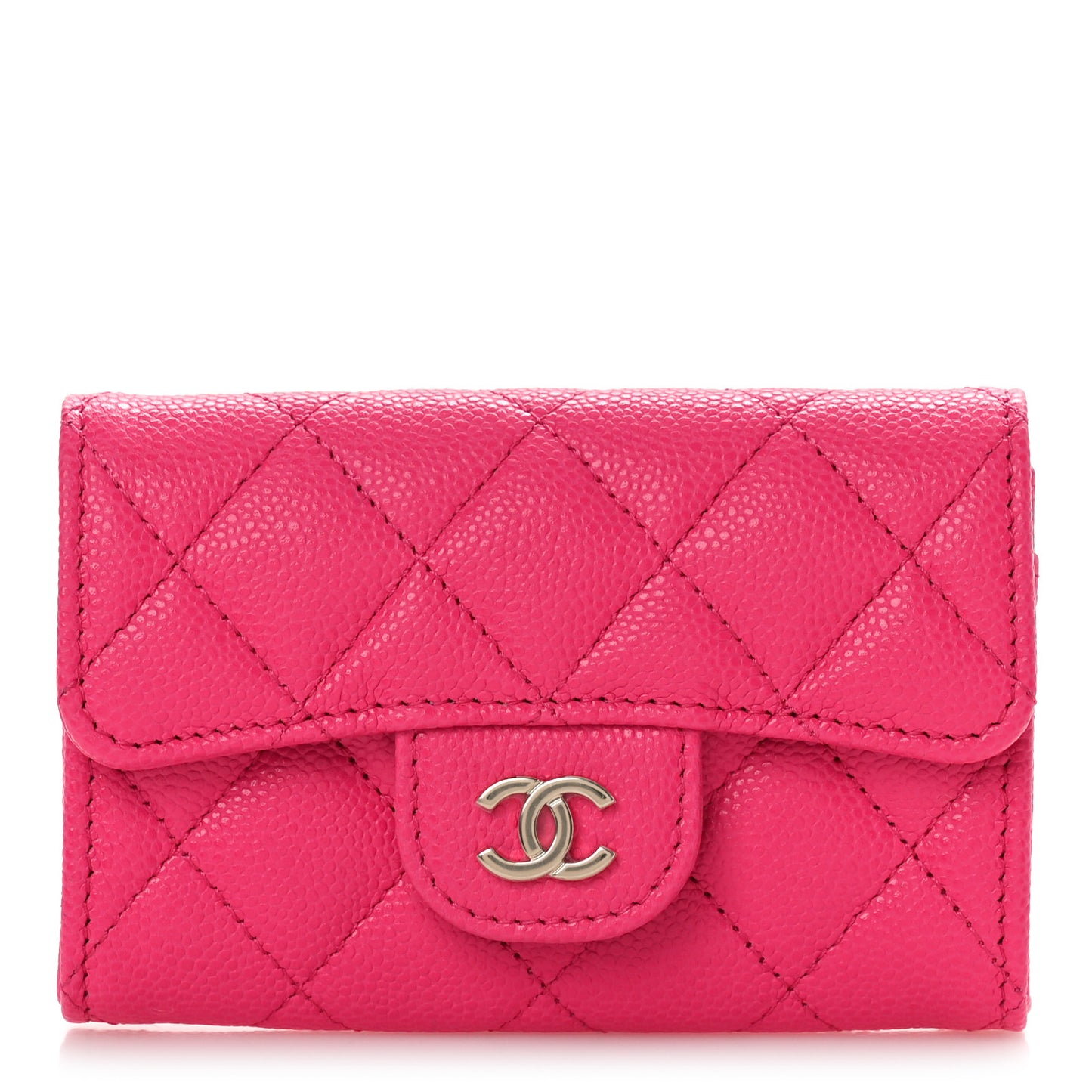 Caviar Quilted Flap Card Holder Wallet Fuchsia