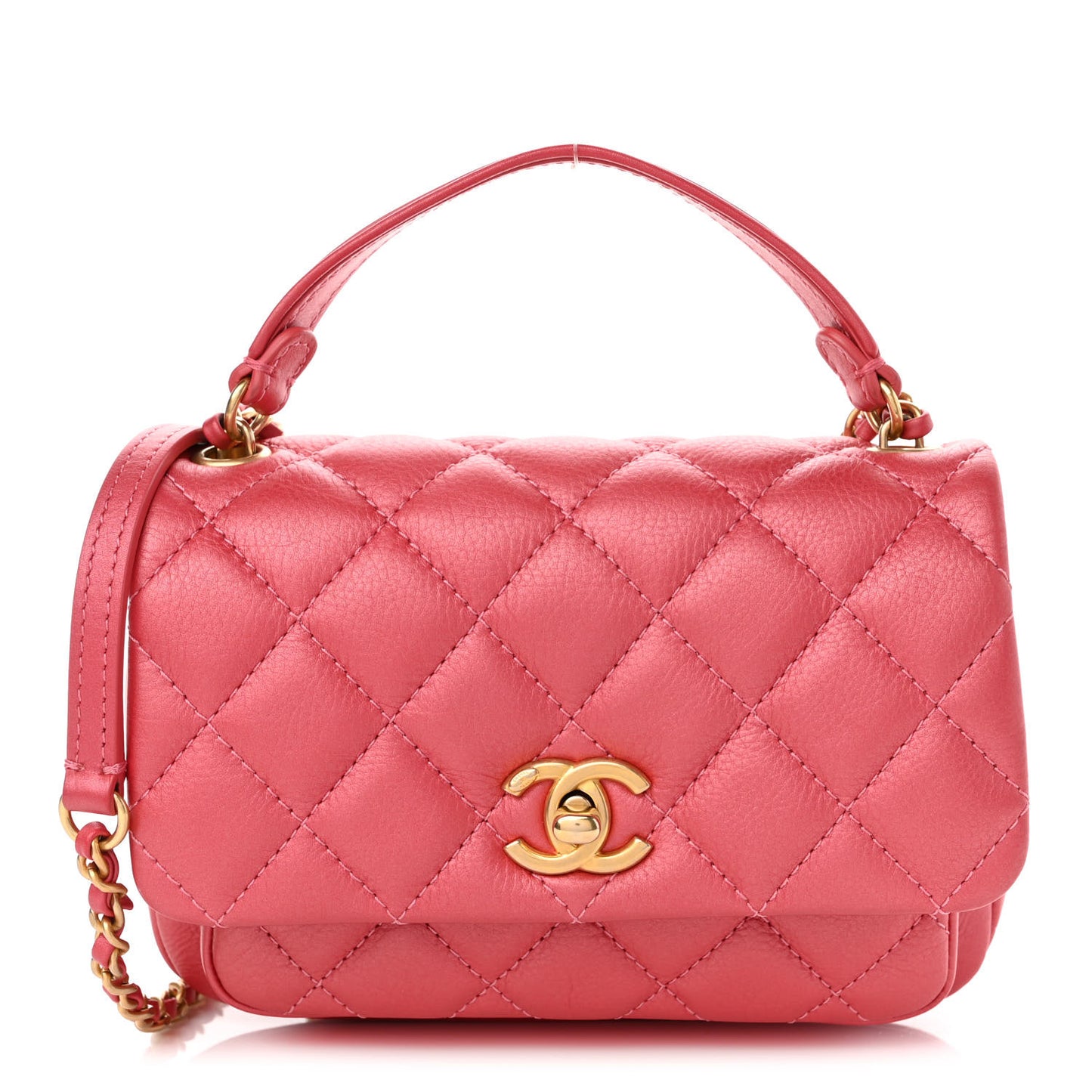 Metallic Calfskin Quilted Top Handle Flap Dark Pink