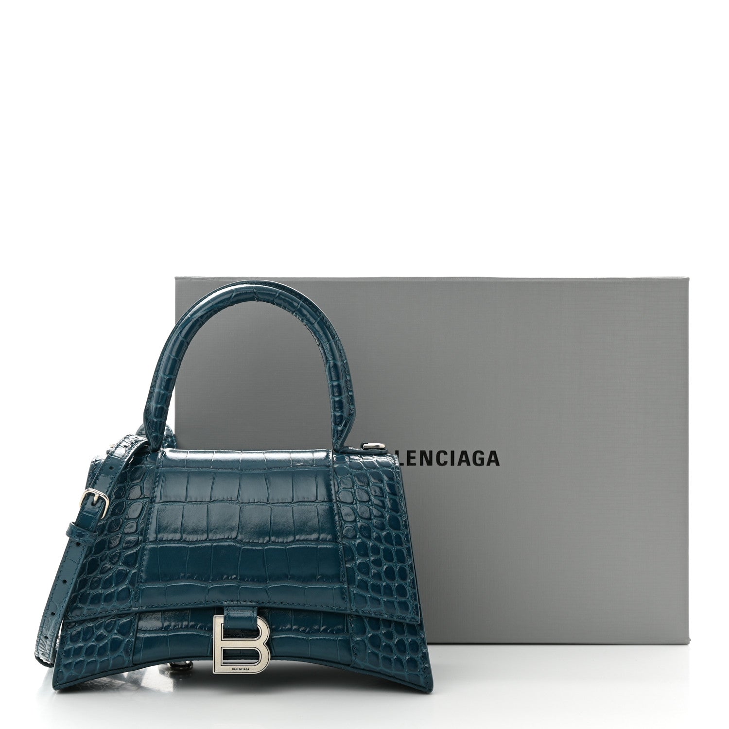 Balenciaga Shiny Calfskin Crocodile Embossed Small Hourglass Top Handle Bag Dark Petrol Blue 12 of 12