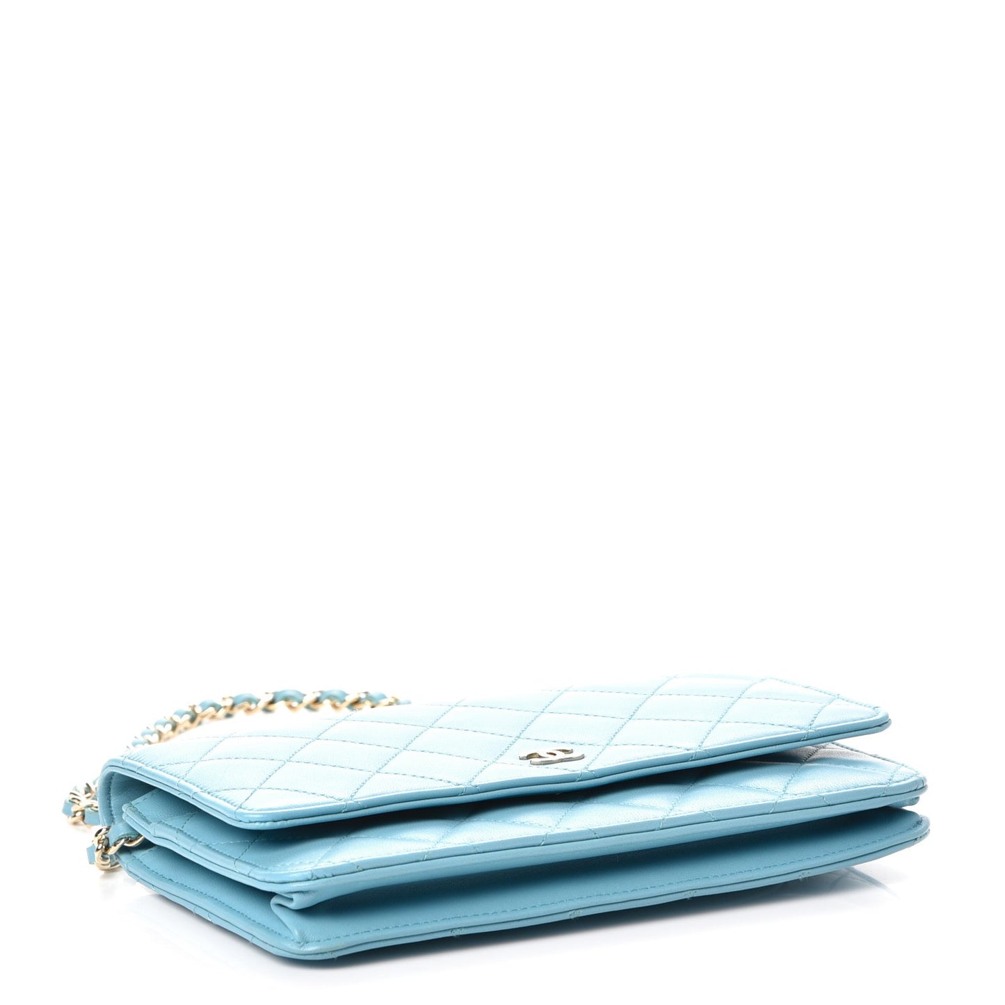 Lambskin Quilted Wallet On Chain WOC Light Blue