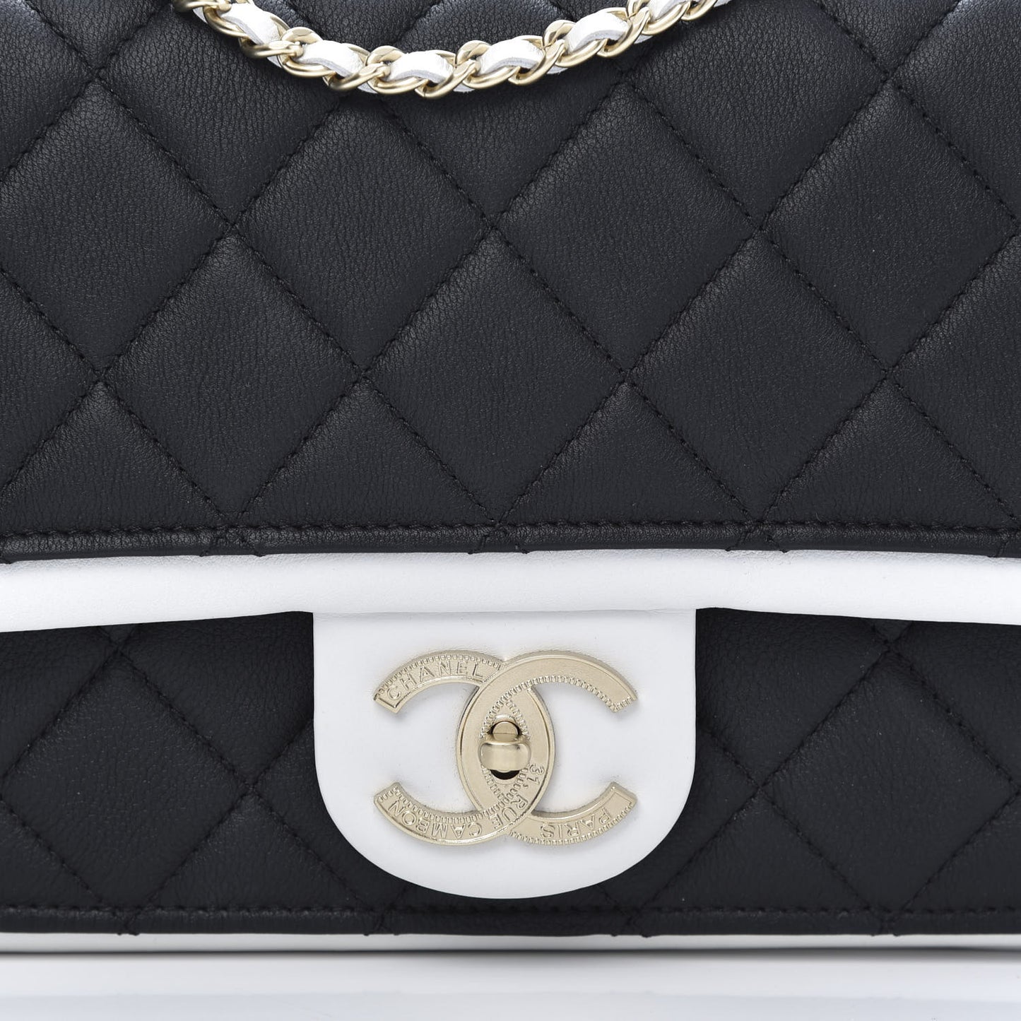Calfskin Quilted Medium Graphic Flap Black White