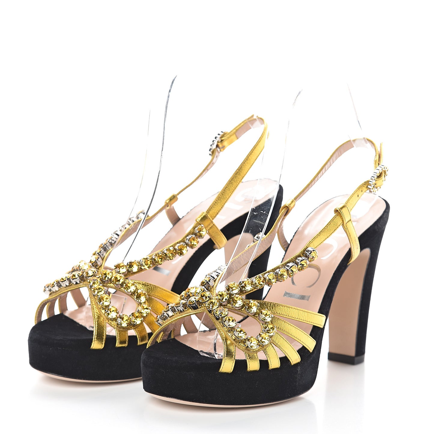 Velvet Nappa Crystal Zephyra Slingback Platform High Heel Sandals 36.5 Black Gold