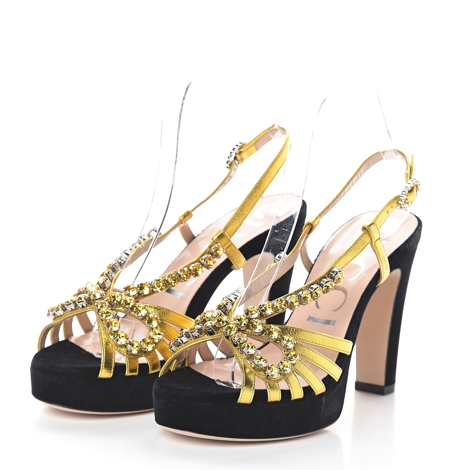 Gucci Velvet Nappa Crystal Zephyra Slingback Platform High Heel Sandals 36.5 Black Gold 3 of 7