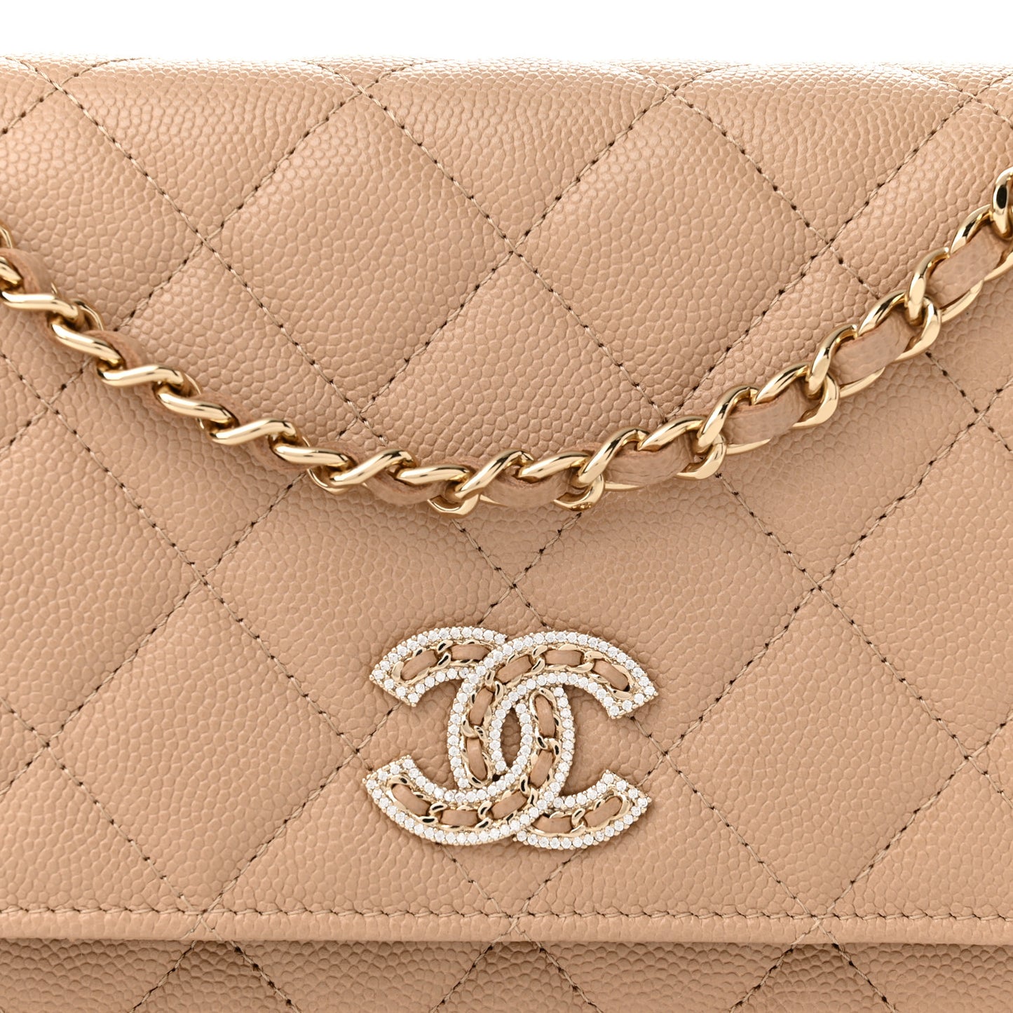 Caviar Quilted Crystal CC Wallet On Chain WOC Beige