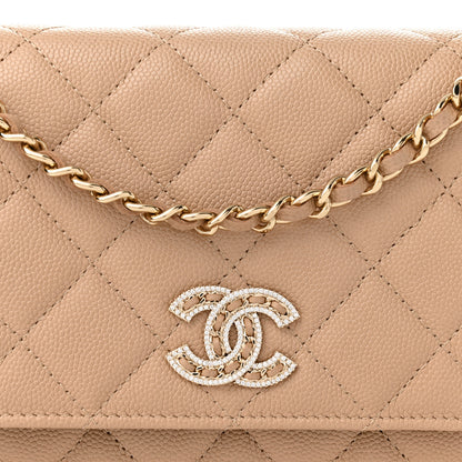 Chanel Caviar Quilted Crystal CC Wallet On Chain WOC Beige 9 of 12