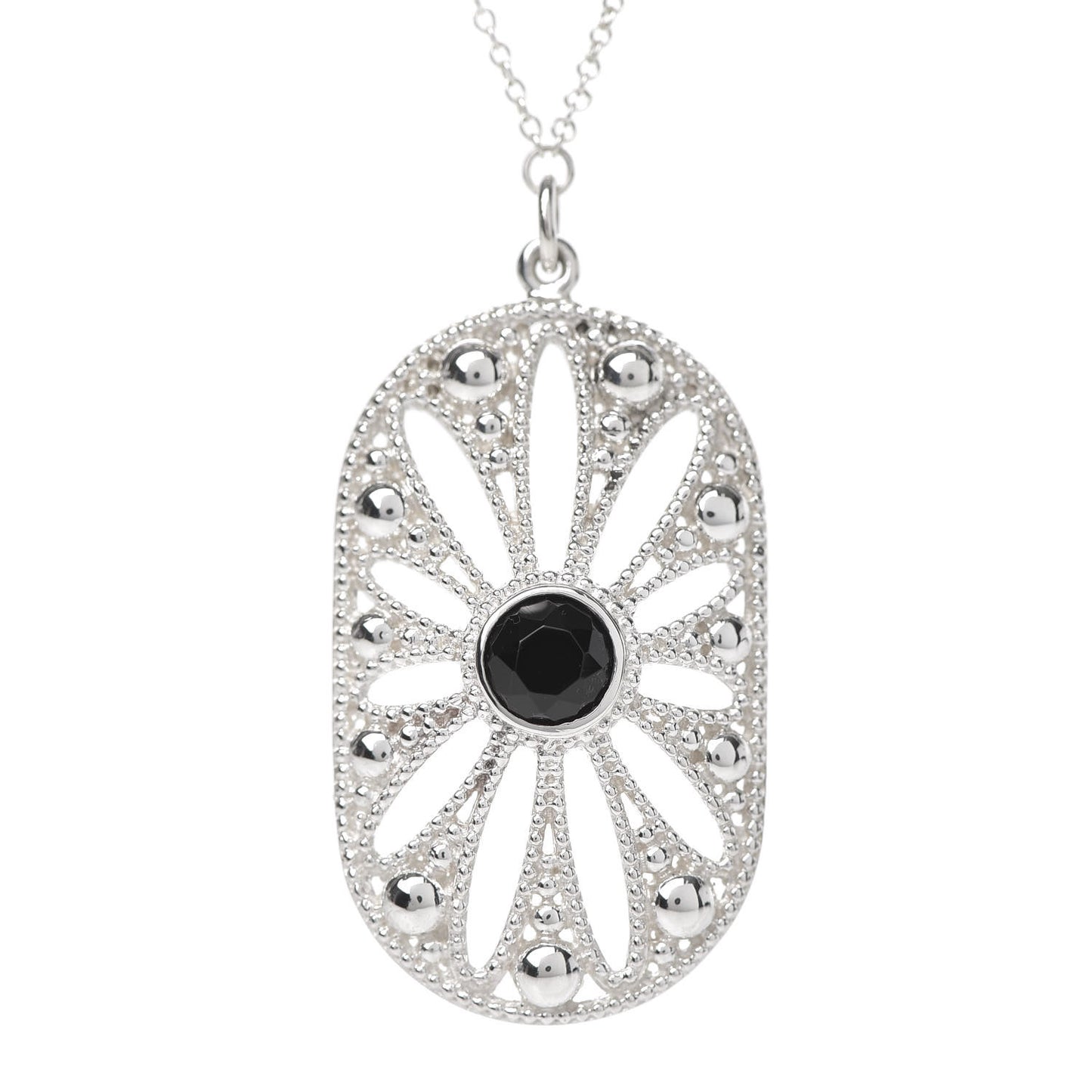 Sterling Silver Black Onyx Pearl Ziegfeld Daisy Pendant Necklace