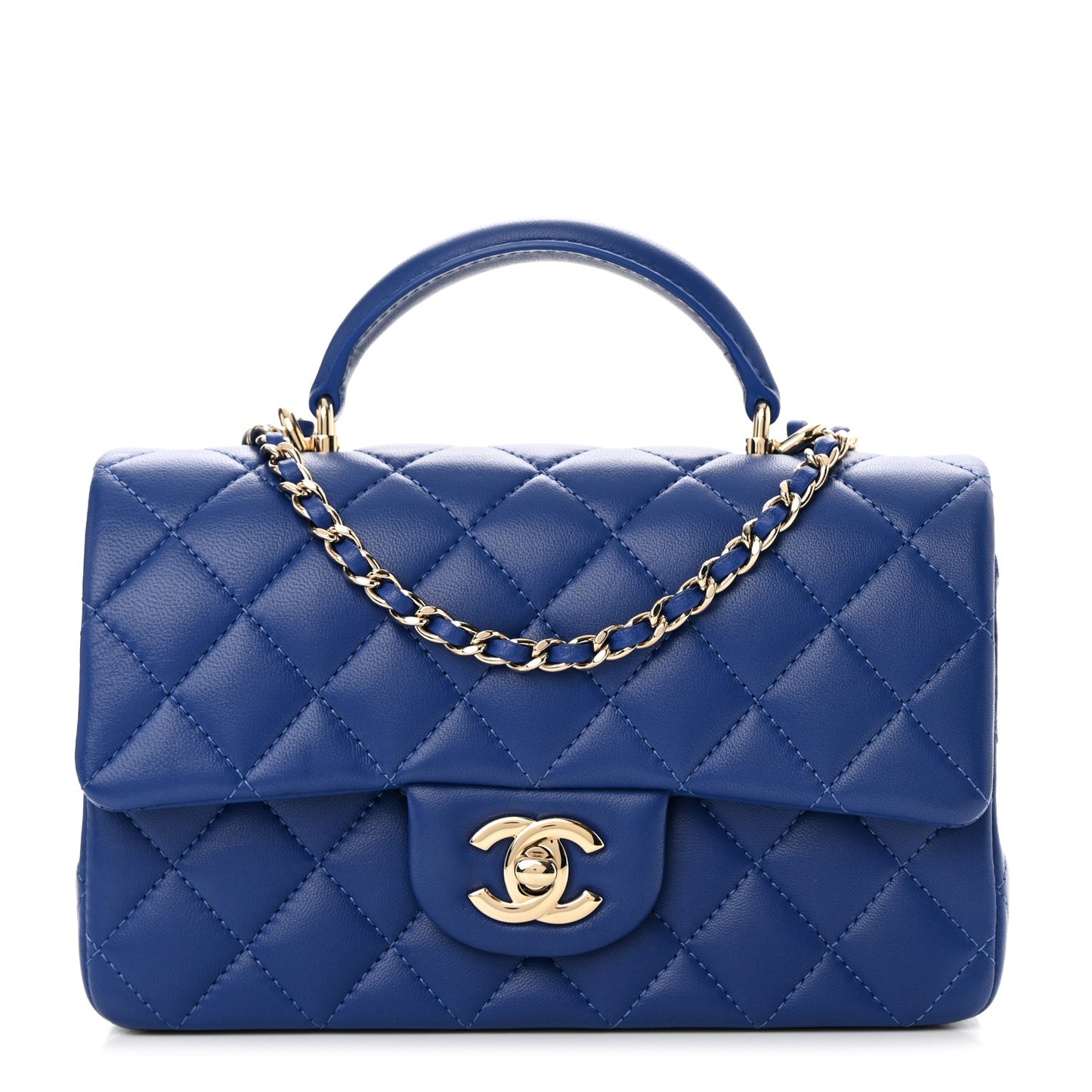 Lambskin Quilted Mini Top Handle Rectangular Flap Blue