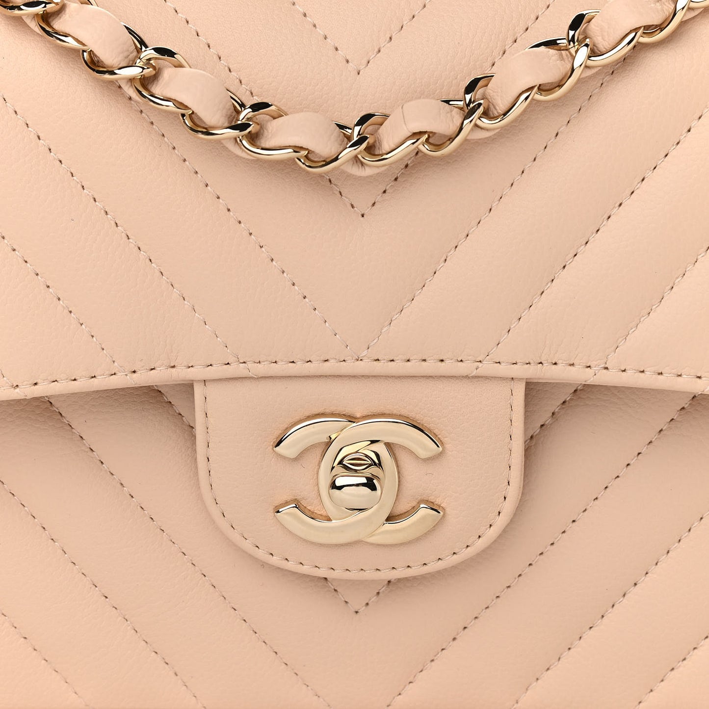 Caviar Chevron Quilted Small Double Flap Beige