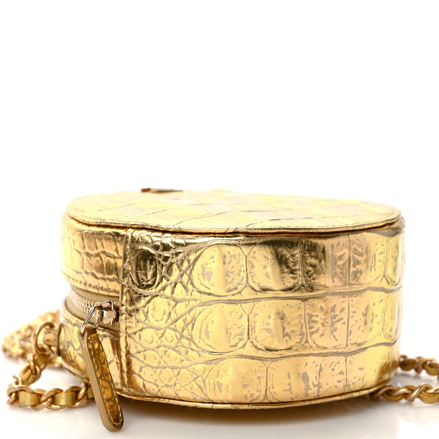Metallic Calfskin Crocodile Embossed Cocodile Round Clutch with Chain Gold