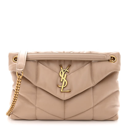Saint Laurent Lambskin Quilted Small Loulou Puffer Monogram Chain Satchel Dark Beige 1 of 10