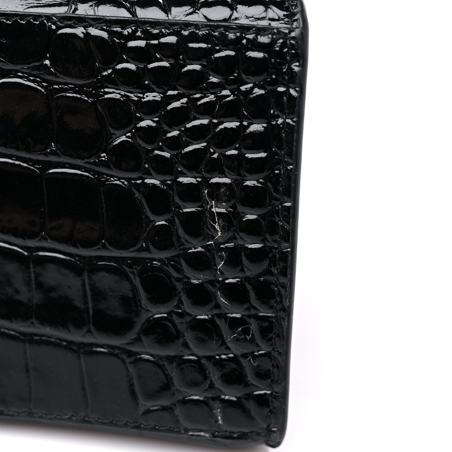 Shiny Calfskin Monochrome Crocodile Embossed Small Hourglass Top Handle Bag Black