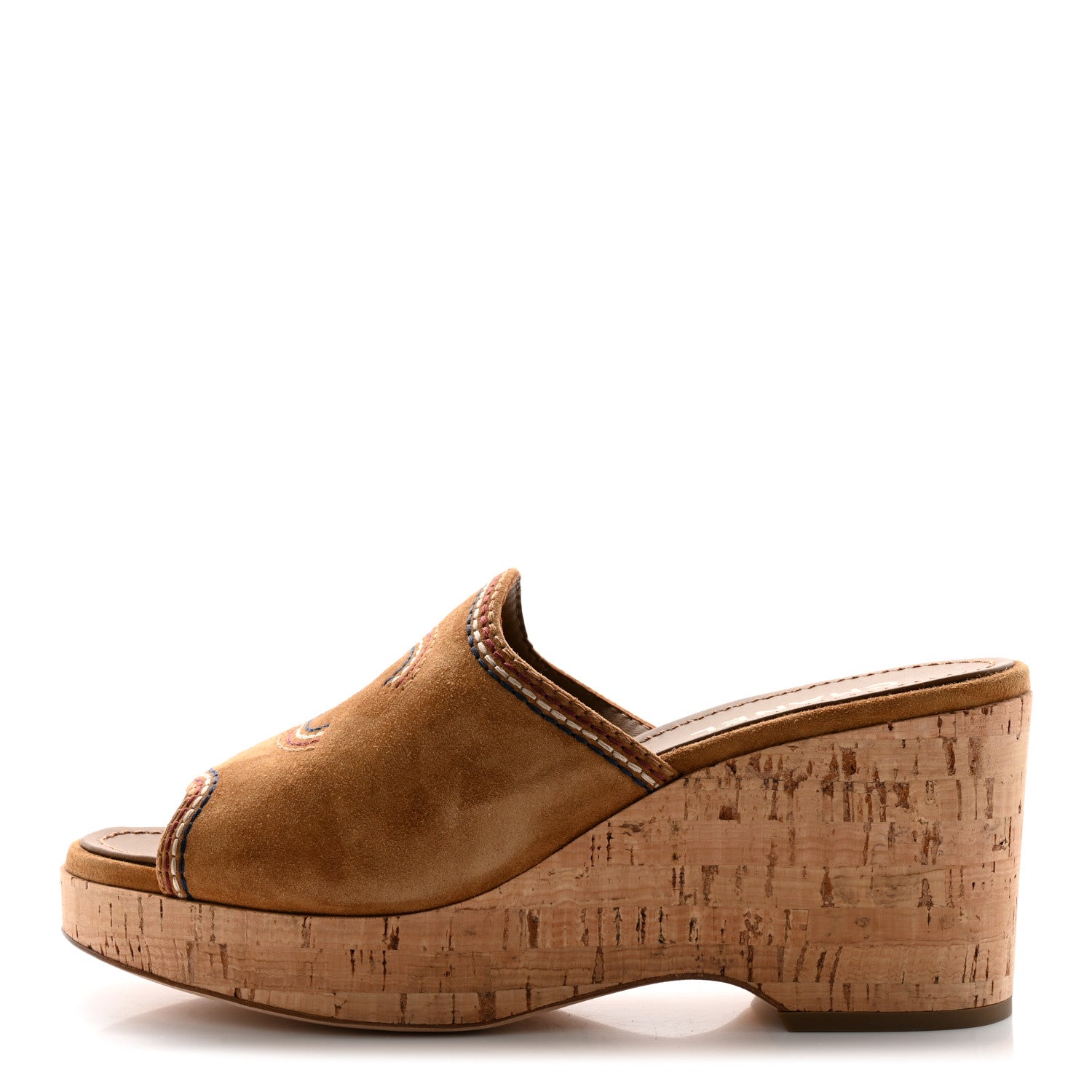 Chanel Suede Calfskin Cork CC Wedge Sandal 39.5 Brown 1 of 8