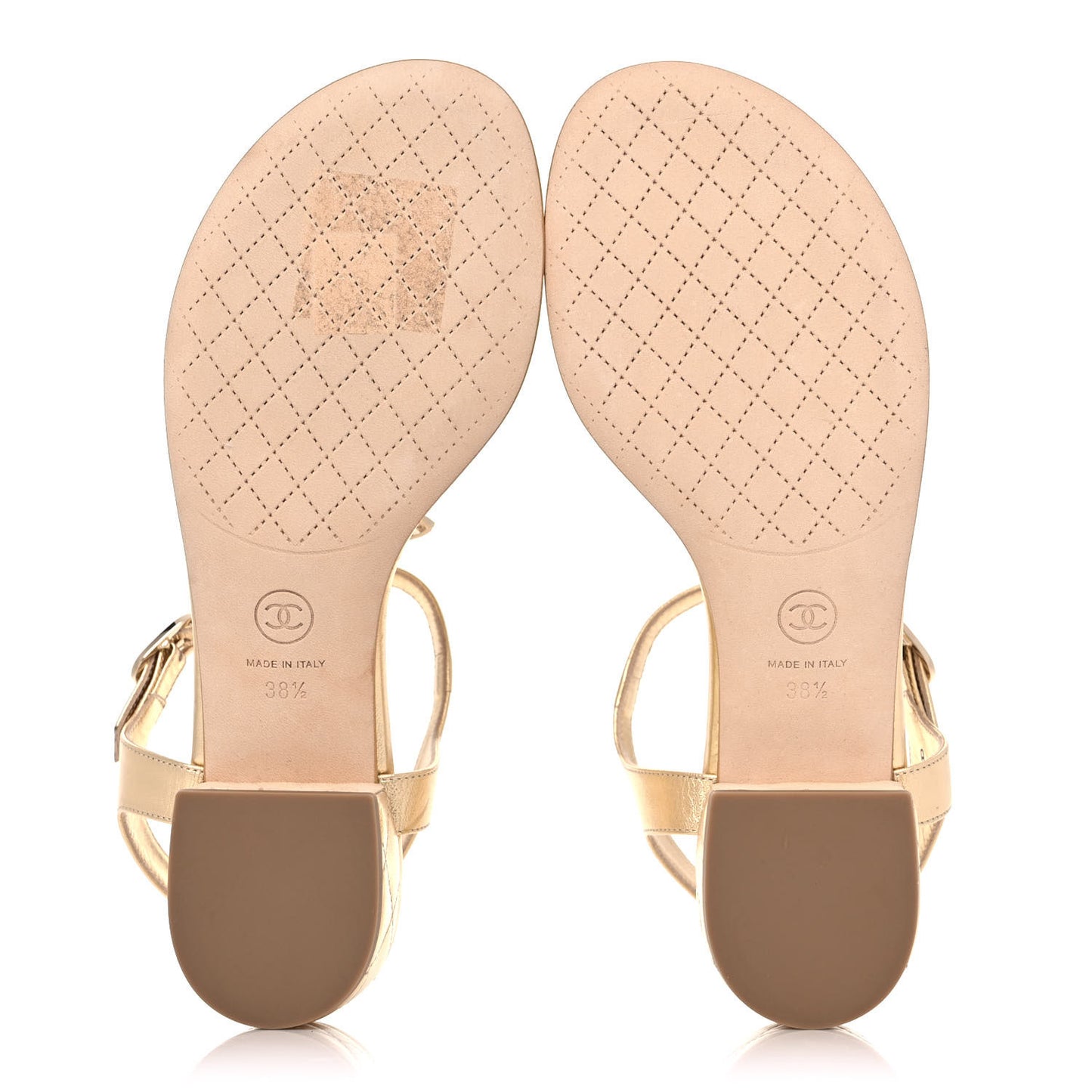 Laminated Lambskin Quilted CC Pearl Thong Sandals 38.5 Gold