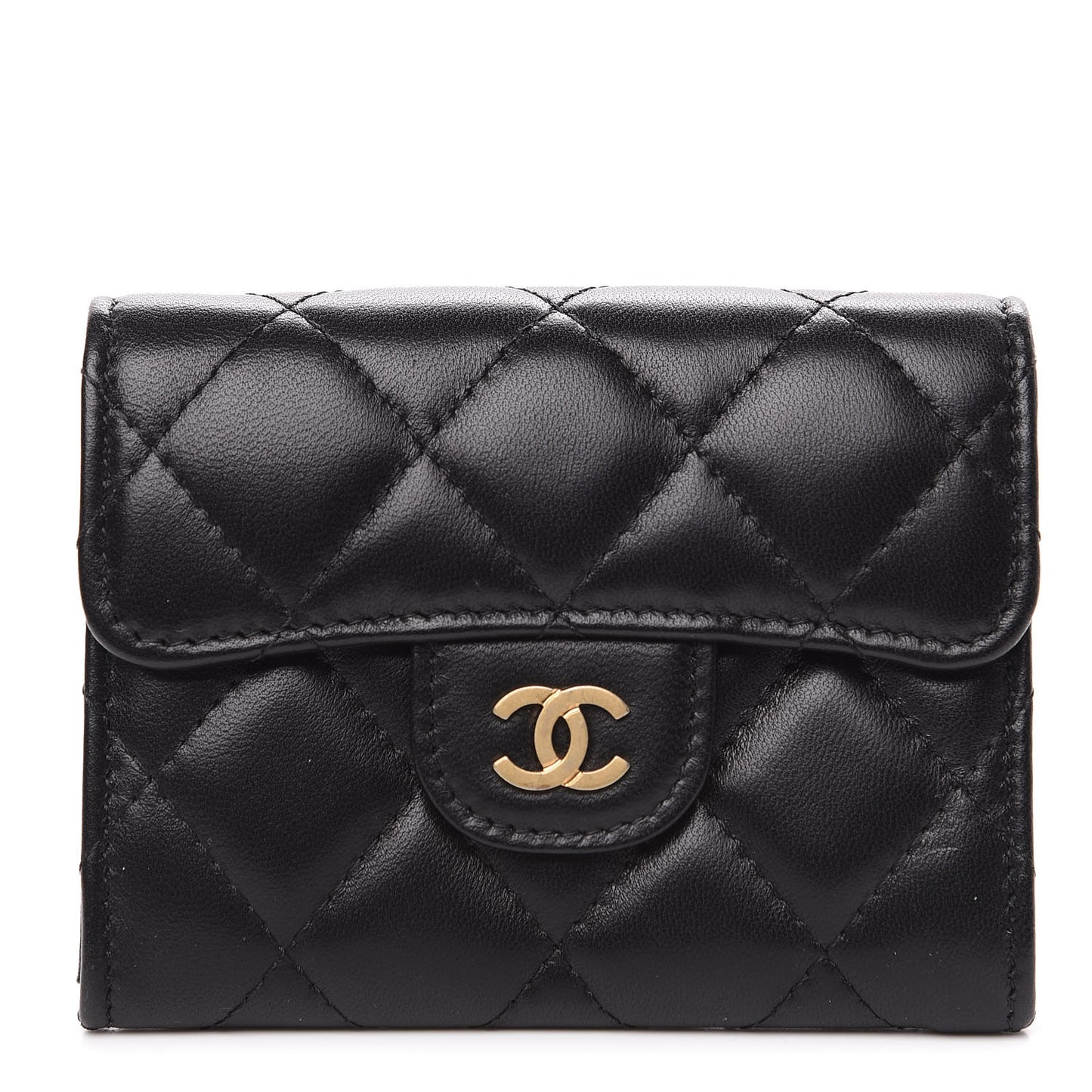 Lambskin Quilted Flap Card Holder Wallet Black