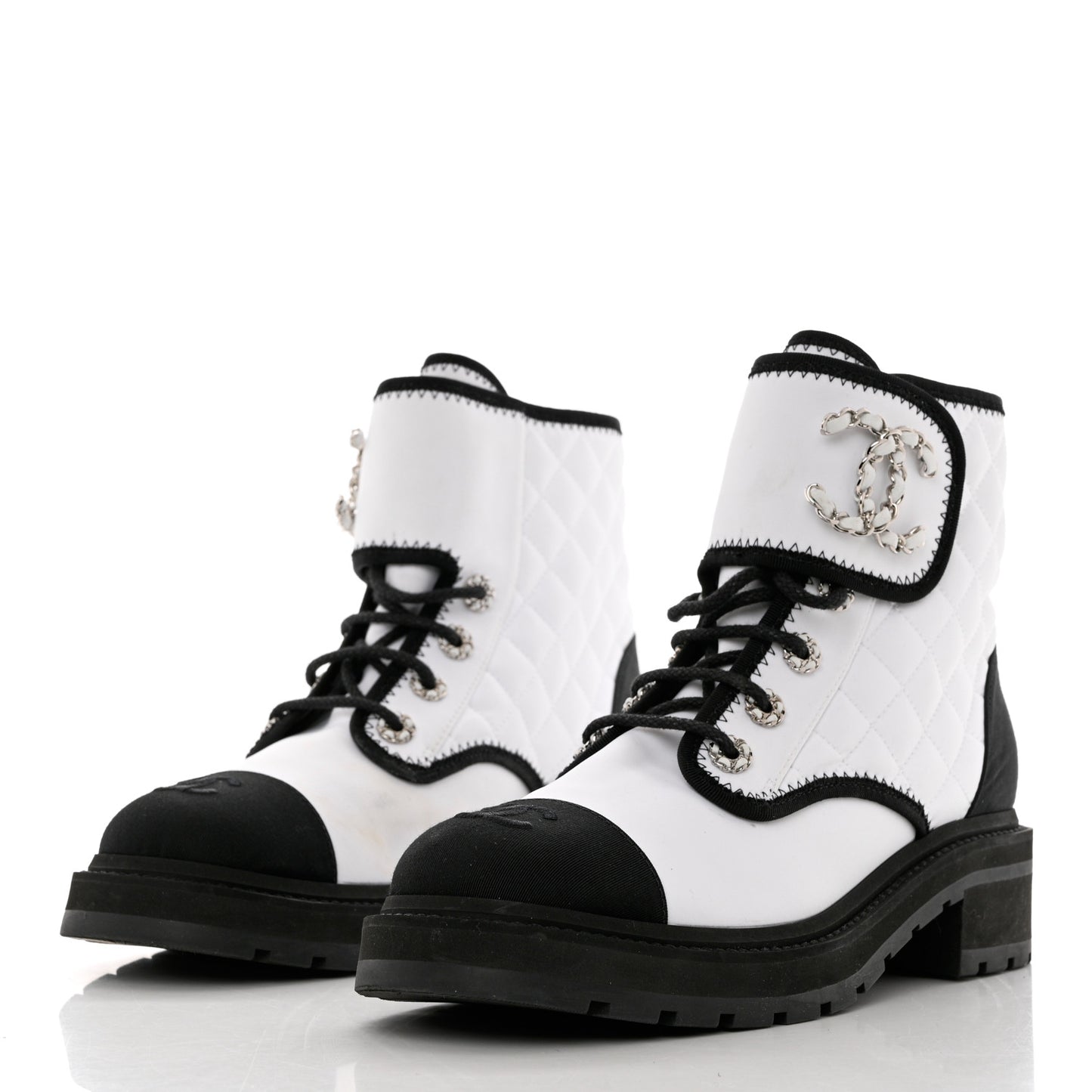 Fabric Grosgrain Quilted Cap Toe Lace Up Combat Boots 40 White Black
