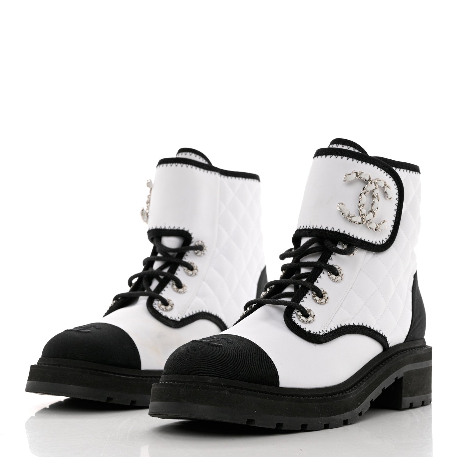 Chanel Fabric Grosgrain Quilted Cap Toe Lace Up Combat Boots 40 White Black 3 of 12
