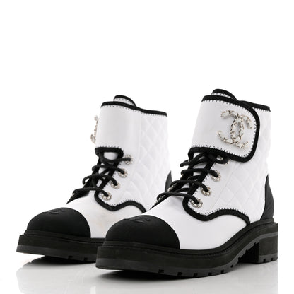 Chanel Fabric Grosgrain Quilted Cap Toe Lace Up Combat Boots 40 White Black 3 of 12