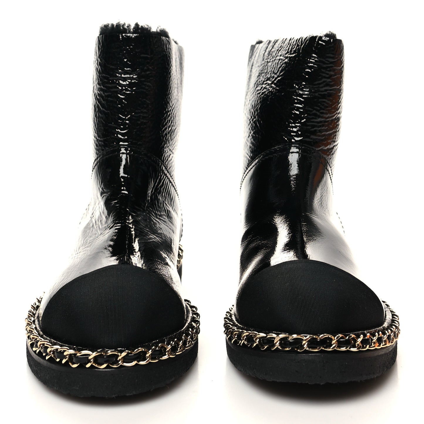 Crumpled Calfskin Shearling Womens Cap Toe Chain Short Boots 37 Black