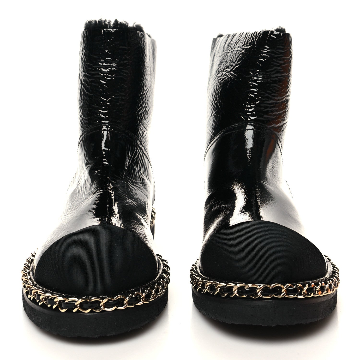 Chanel Crumpled Calfskin Shearling Womens Cap Toe Chain Short Boots 37 Black 2 of 8