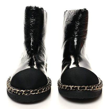 Chanel Crumpled Calfskin Shearling Womens Cap Toe Chain Short Boots 37 Black 2 of 8