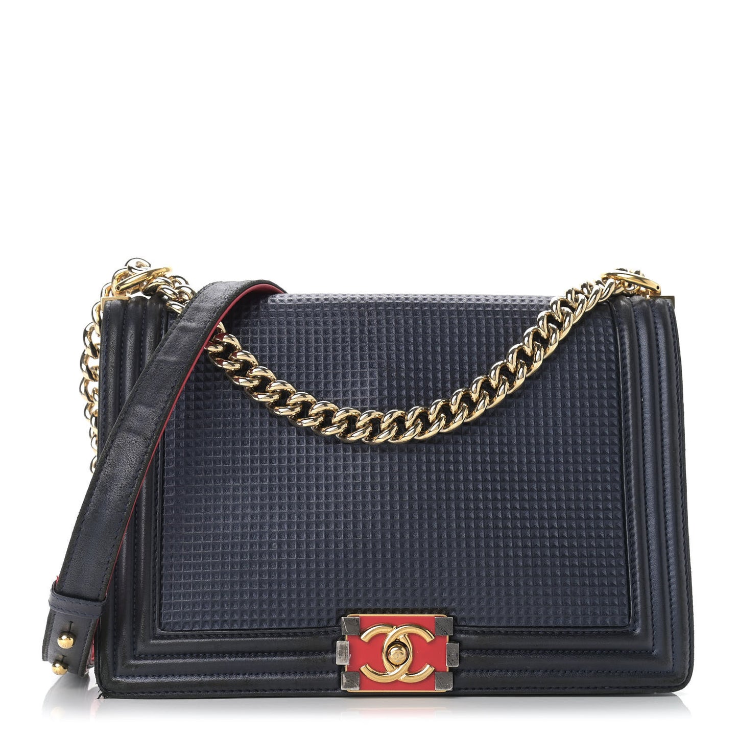 Lambskin Embossed New Medium Boy Cube Flap Navy