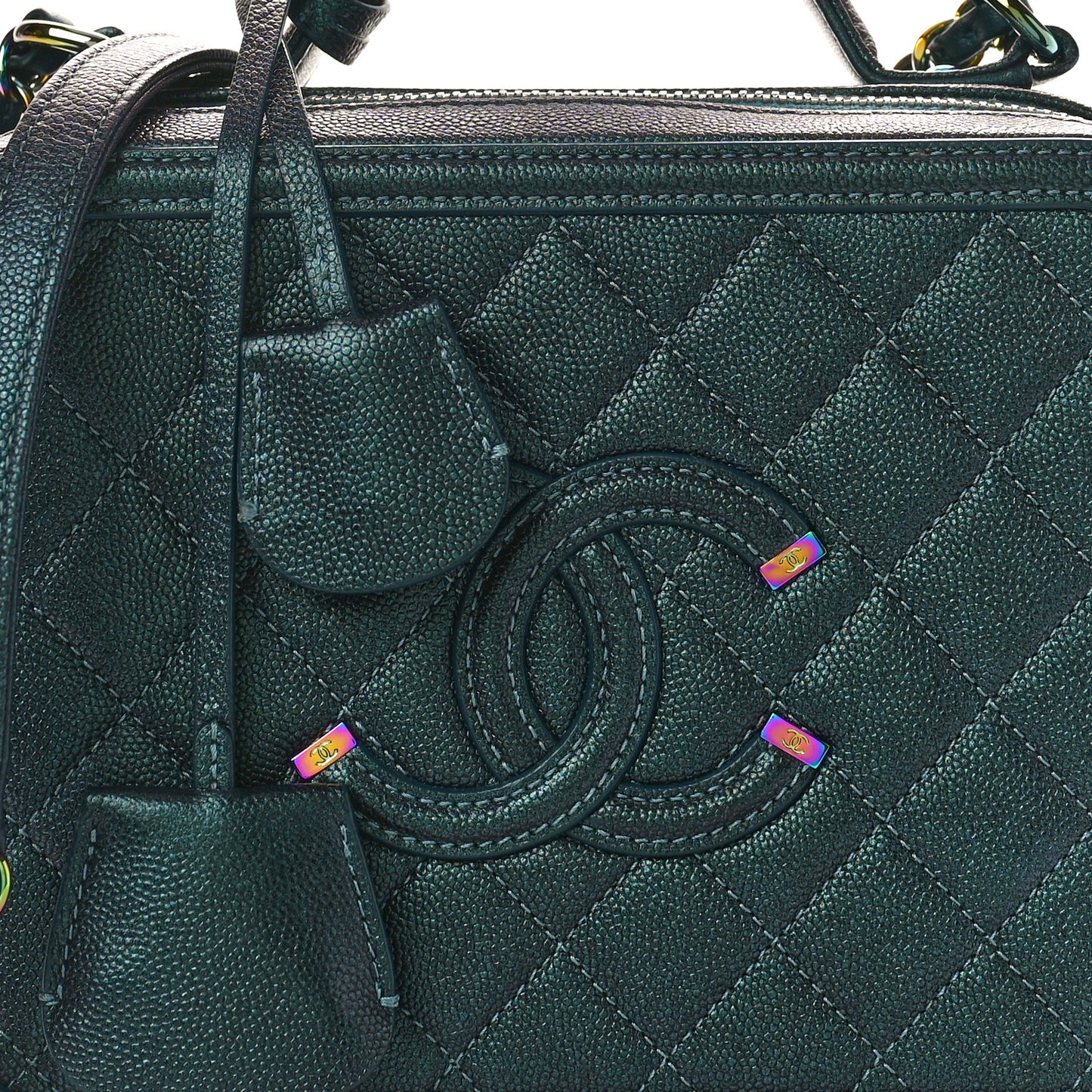 Iridescent Caviar Quilted Medium CC Filigree Vanity Case Dark Turquoise
