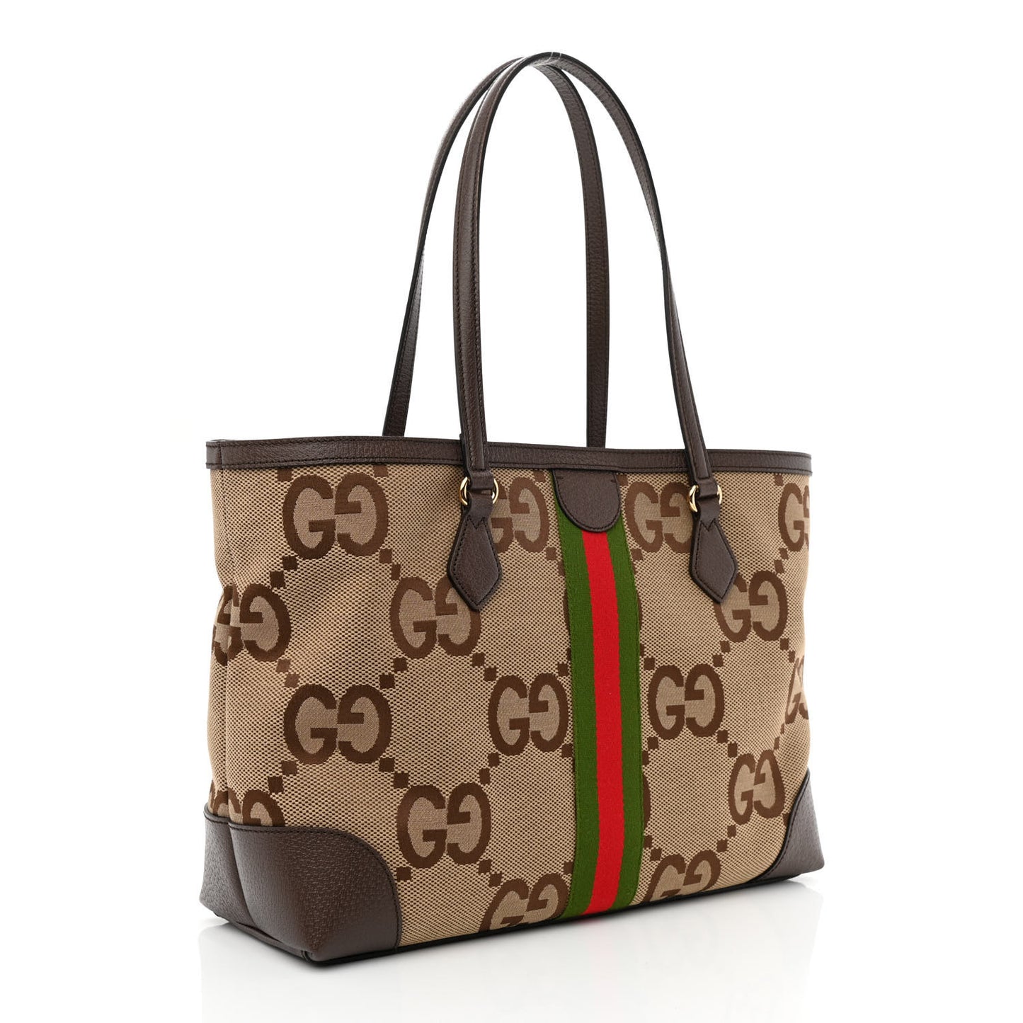 Monogram Jumbo GG Textured Dollar Calfskin Web Medium Ophidia Shopping Tote Camel Ebony