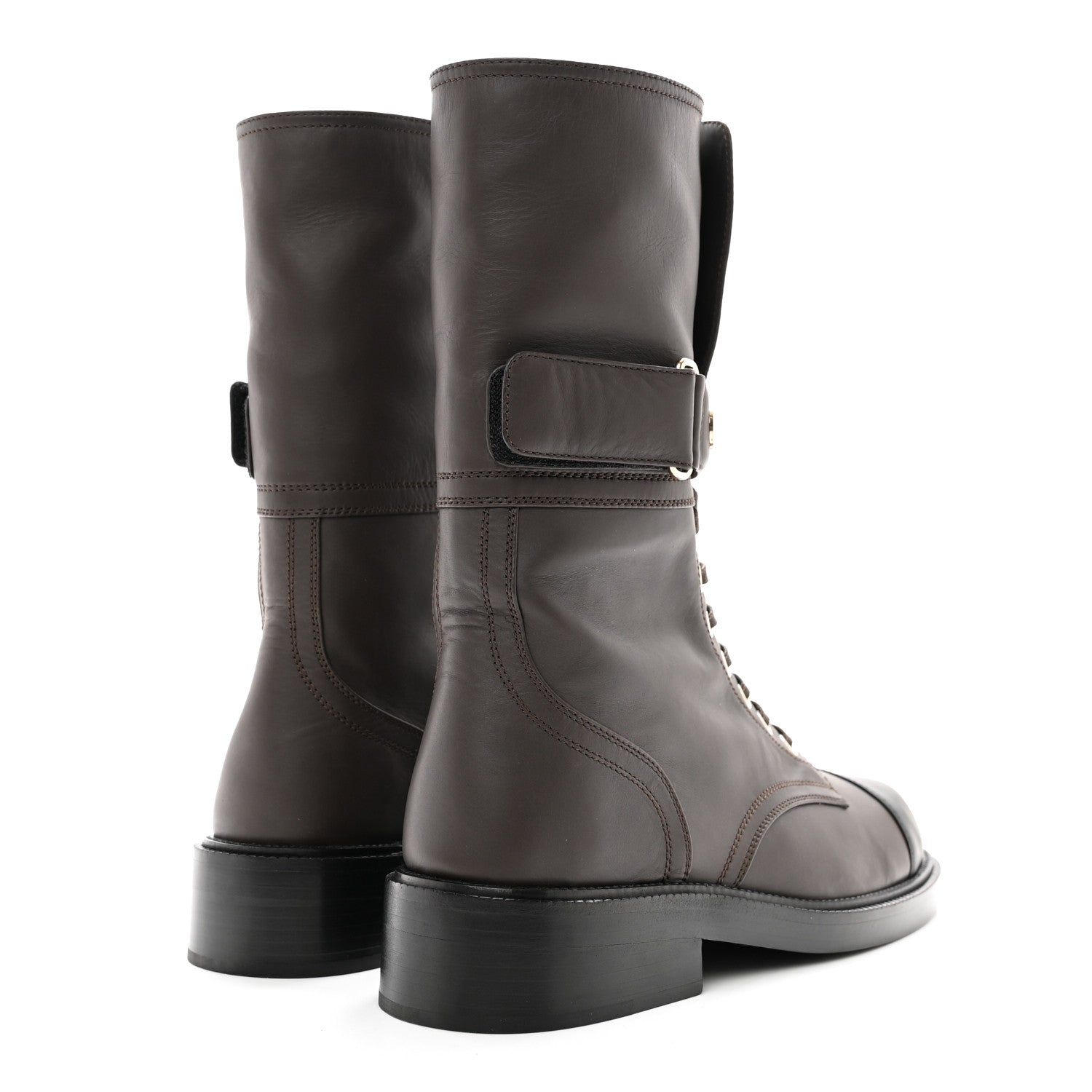 Chanel Shiny Calfskin Lace Up Combat Boots 38.5 Dark Brown Black 4 of 9