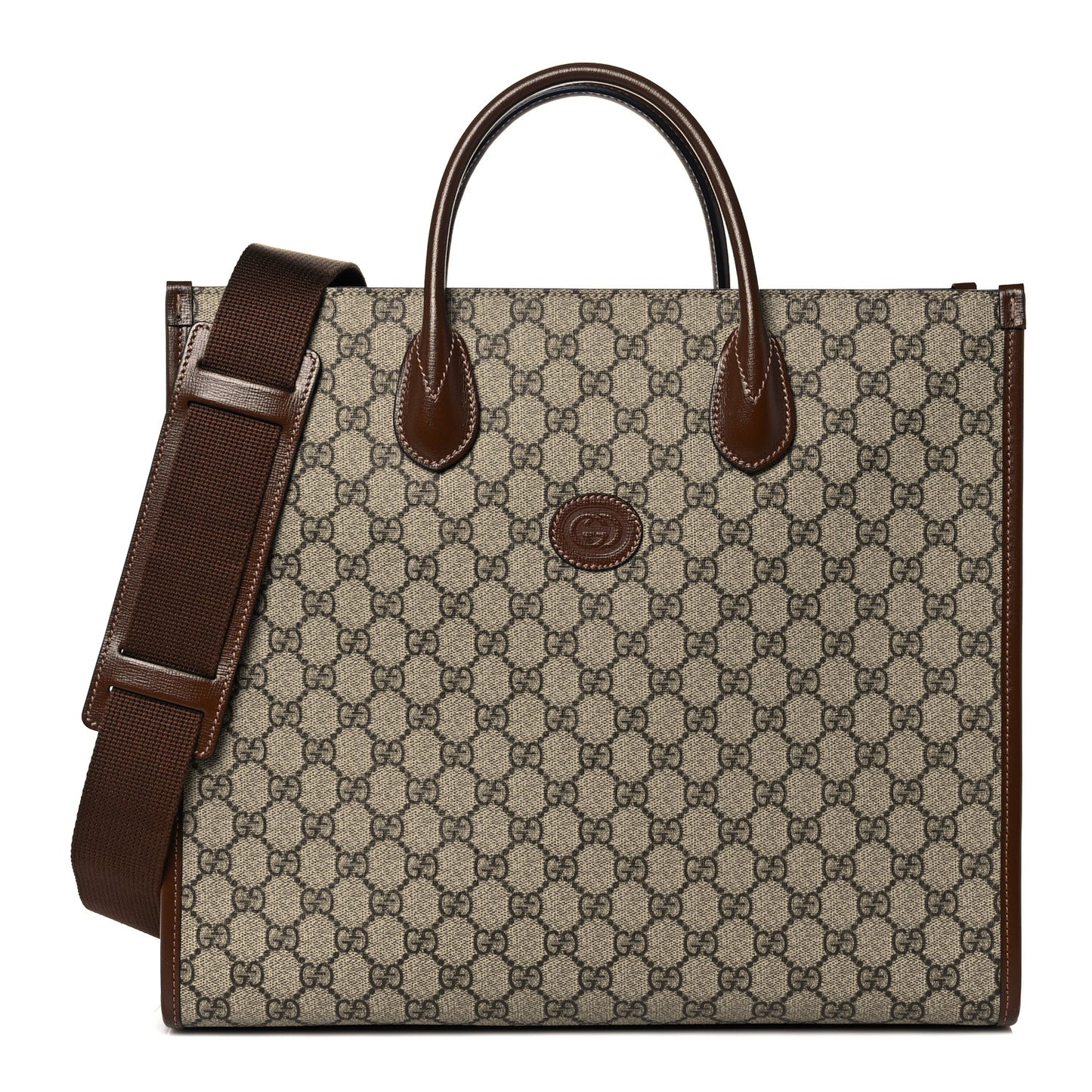 GG Supreme Monogram Azalea Calfskin Medium Retro Interlocking G Tote Bag Beige Ebony Brown Sugar