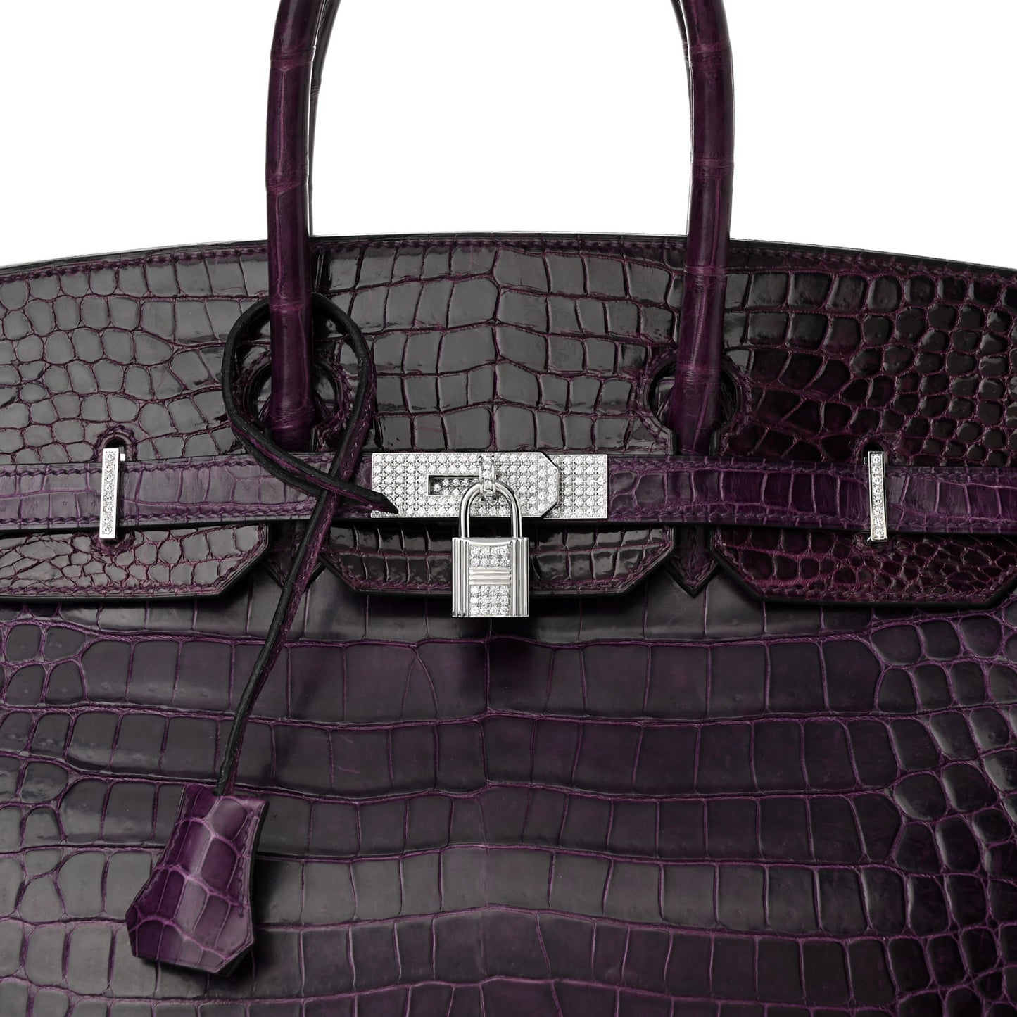 Shiny Porosus Crocodile 18K White Gold Diamond Birkin 35 Amethyst