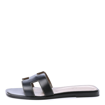 Hermes Box Calfskin Oran Sandals 38.5 Black 1 of 4