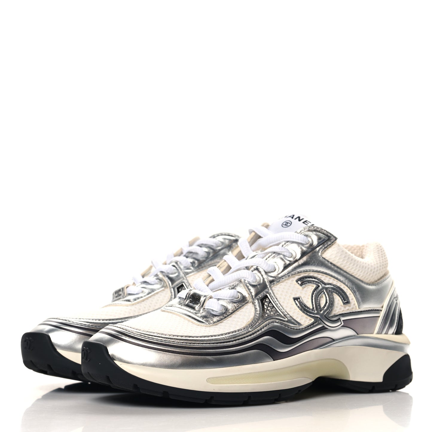 Fabric Laminated Calfskin Stretch CC Sneakers 37 White Silver